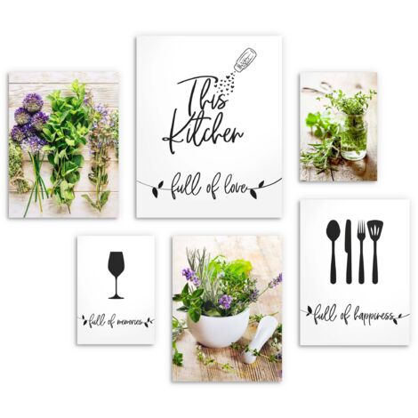 Posters muraux cuisine XXL - lot de 6 herbes, citations pour la cuisine