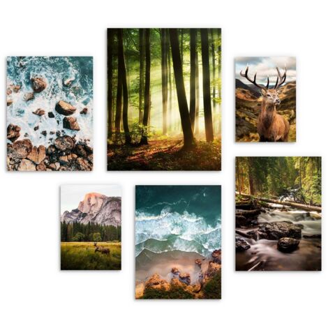 Pósters para la pared del salón XXL - set de 6 pósters bosque, montaña, naturaleza
