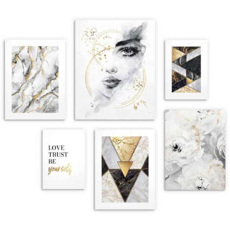 Pósters para la pared del salón XXL - set de 6 pósters glamour, abstracción dorada