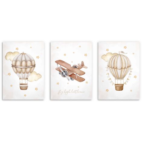 Posterset fürs Kinderzimmer. Flugzeug, Ballon, Kinderbilder, BEIGE, 30x40