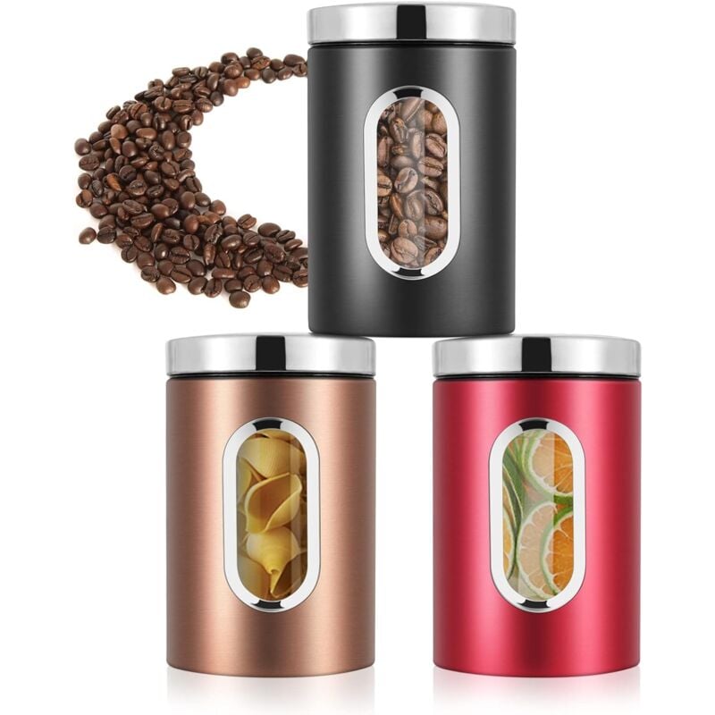 Jusch - Pot à Café Hermétique Inoxydable, Boite de Rangement Cuisine, Lot de 3 Bocaux Hermétiques Alimentaires avec Fenêtre