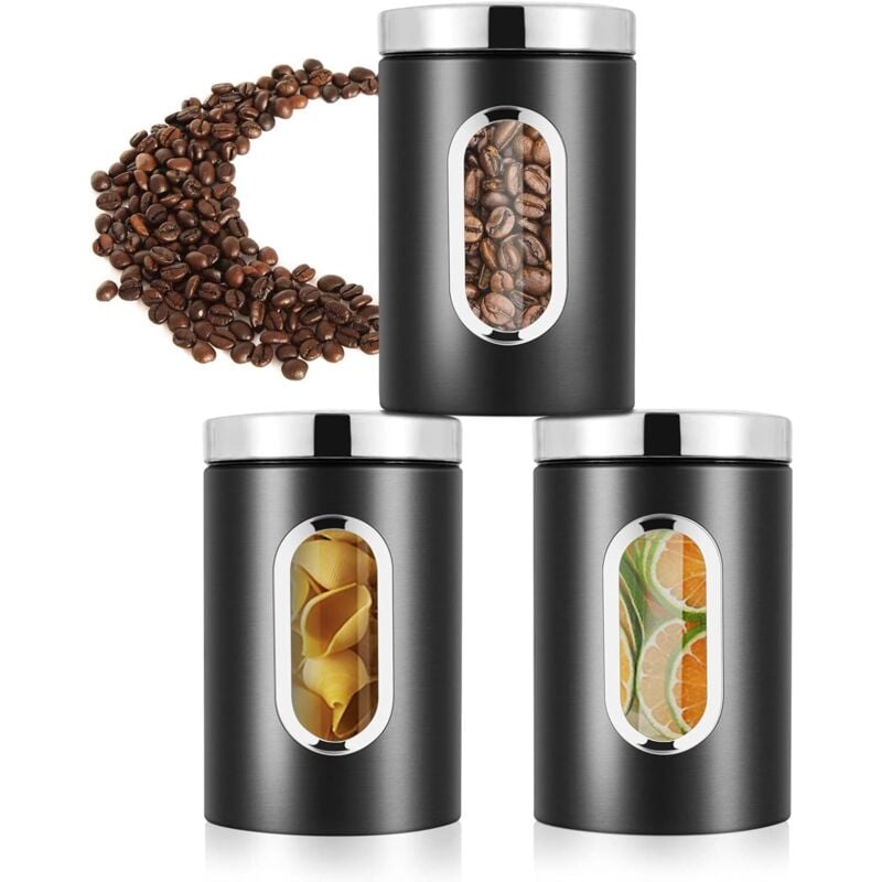 Jusch - Pot à Café Hermétique Inoxydable,Lot de 3 Bocaux Hermétiques Alimentaires avec Fenêtre,Boite de Rangement Cuisine
