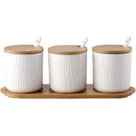 Pot à condiments en céramique avec couvercles, cuillères, plateau de service en bois pour la cuisine, 9,5 x 28,5 cm, blanc