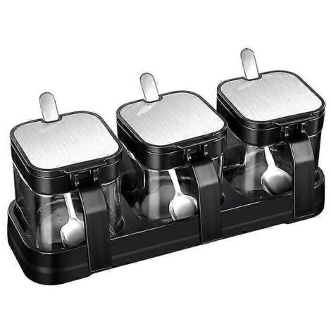 Pot à condiments, récipient à épices avec couvercles et cuillères en acier inoxydable, bocaux à condiments en verre transparent, boîte à épices, récipient à sel, sucrier pour la cuisine