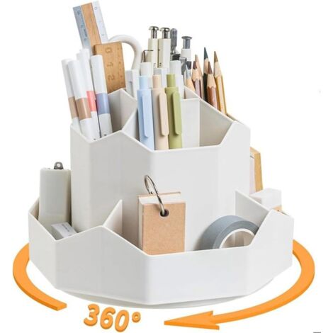 Pot a Crayon Bureau - Pot à crayon - Rotation à 360 Degrés Avec 9 Compartiments - Organisateur De Bureau Rotatif- Blanc