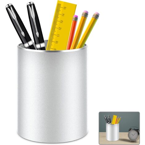 pot a crayon bureau,rangement bureau organisateur rond en métal et aluminium pour bureau, école, maison et enfants, Fond en silicone antidérapant (Argent)