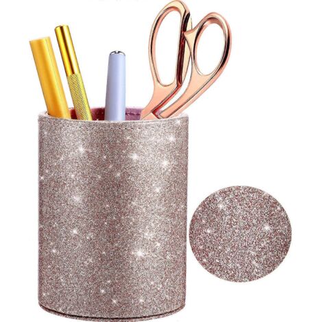 Pot à crayons à paillettes en PU rose doré brillant pour femmes et filles, porte-pinceaux de maquillage de luxe