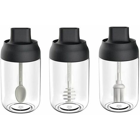 Pot à Épices avec Une Cuillère, 3 Pièce Pot d'Assaisonnement avec Brosse, Pot Miel avec Une Brosse, Cuillère Bocal à Huile Distributeur, pour Sel, Poivre, Épices, Condiments, Miel, Huile (Noir)，Superm