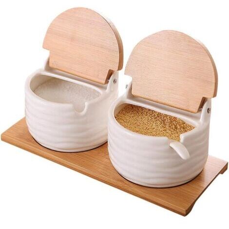 Pot à épices de cuisine, bol en céramique avec couvercles en bambou et cuillères à sucre en porcelaine, récipient à condiments, pots à épices, boîte d'assaisonnement pour la maison