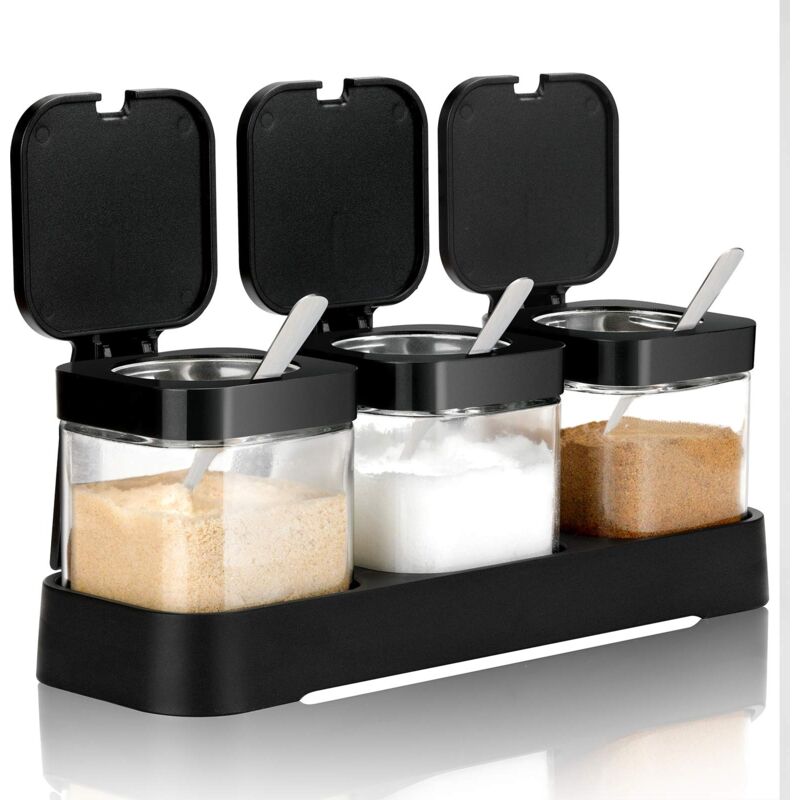 Jusch - Pot à épices Récipients à épices avec couvercles et cuillères 8 oz Pots à épices en verre transparent Récipient à sel Sucrier Ensemble de 3