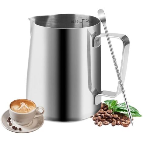 Pot à Lait, 350ml Mousseur à Lait, Pichet Lait Inox avec Échelle, Aiguille pour Latte Art Incluse, Adapté aux Baristas pour la Préparation de Cappuccino, Espresso et Latte (Argent)