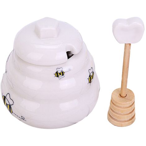 Pot à miel en céramique avec louche en bois ， Pot à miel en porcelaine avec couvercle et bâton de miel, pot à miel en céramique