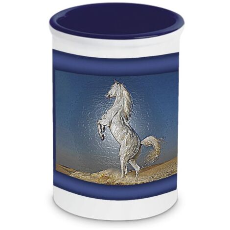 Pot à stylos en céramique Cheval fond bleu