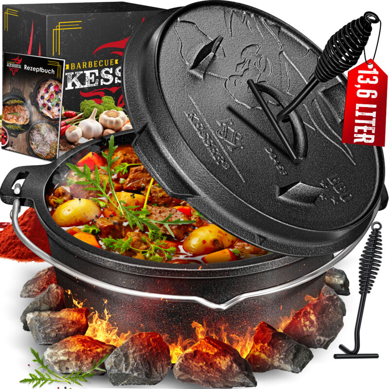 Kesser - Dutch Oven Set bbq, Mijoteuse, Casserole en fonte avec anse pour soulever le couvercle et fente pour le thémomètre, Casserole à griller,