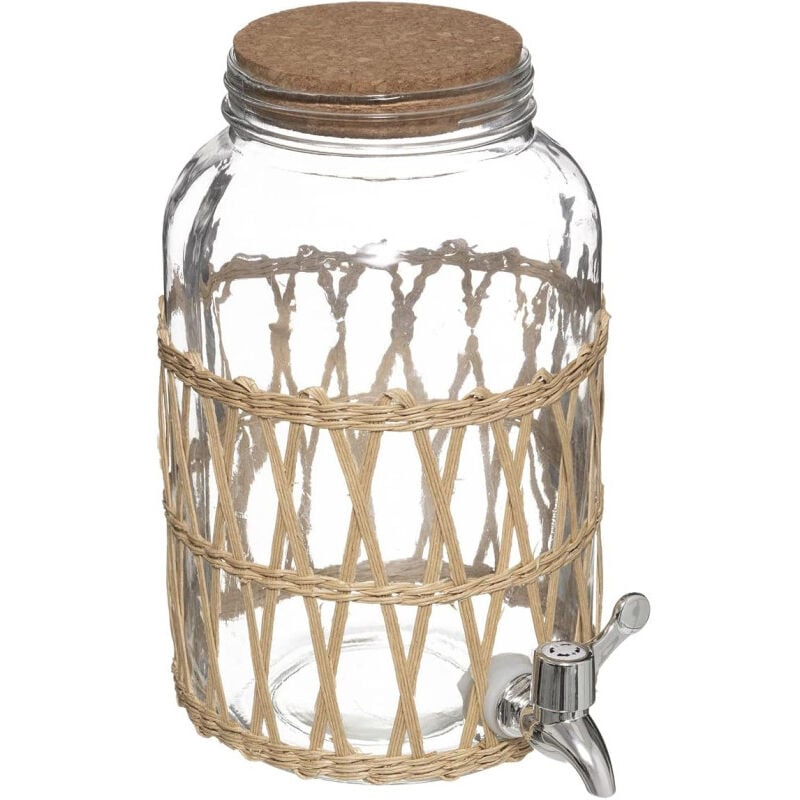 Fontaine à boisson en verre avec tissage - 3,3L - Transparent/beige - h 26,6 x d 20,7 cm - Livraison gratuite
