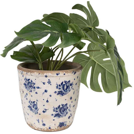 Pot céramique beige bleu motif florale 14x15x15cm