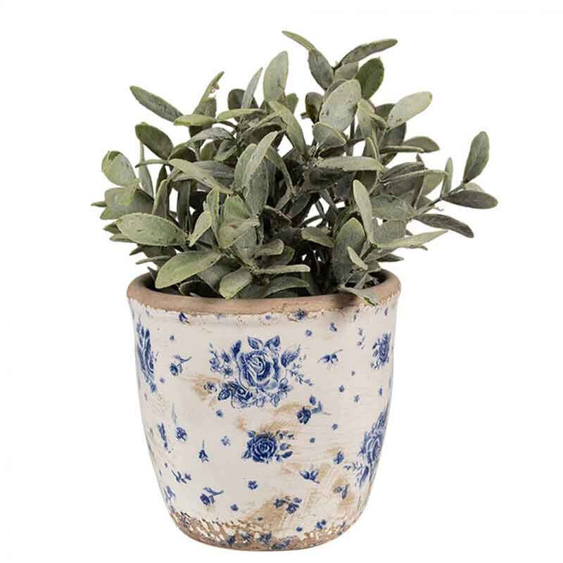 Pot céramique motif floral beige bleu 12x13x13cm