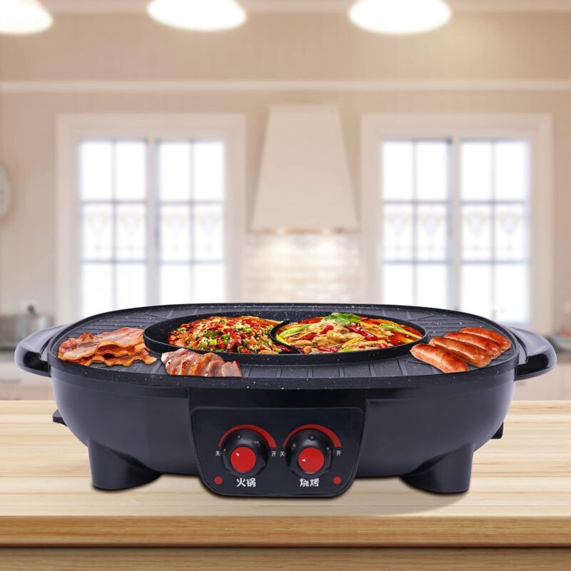 Gojoy - Pot chaud électrique et plaque cuisson 2 en 1, barbecue électrique électrique Hot Pot grande capacité double contrôle température Design