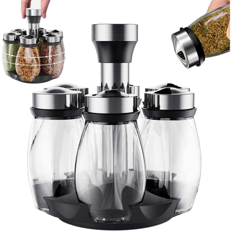 Pot d'Assaisonnement à Base Rotative, Pots à Épices Ronds à 360°, Epices Pots Rangement, Porte-Épices en Acier Inoxydable, Spice Rack avec 6 Bocaux à