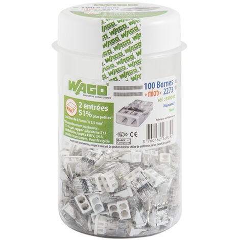 Pot de 100 mini bornes de connexion automatique 2 entrées S2273 - WAGO