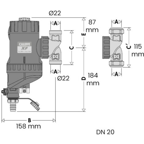 Pot de décantation spécial PAC DN 20 - CALEFFI XF Ø22 FF avec anneau magnétique et filtre automatique - Thermador