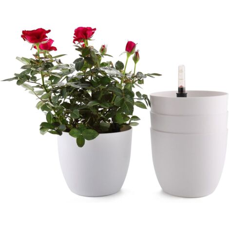 Pot de Fleur Interieur 15 cm Pot Autopilotant avec Indicateur d’Eau Blanc, Cache Pot Plante Interieur Set de 4, Réservoir d’Eau, pour intérieur et extérieur