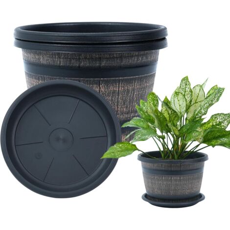 Pot de Fleur Intérieur, Cache Pot Plante Intérieur en Set de 3 avec Système de Drainage et Soucoupe, Pot de Fleur en Plastique Design Tonneau de Whisky 25 cm pour Jardin