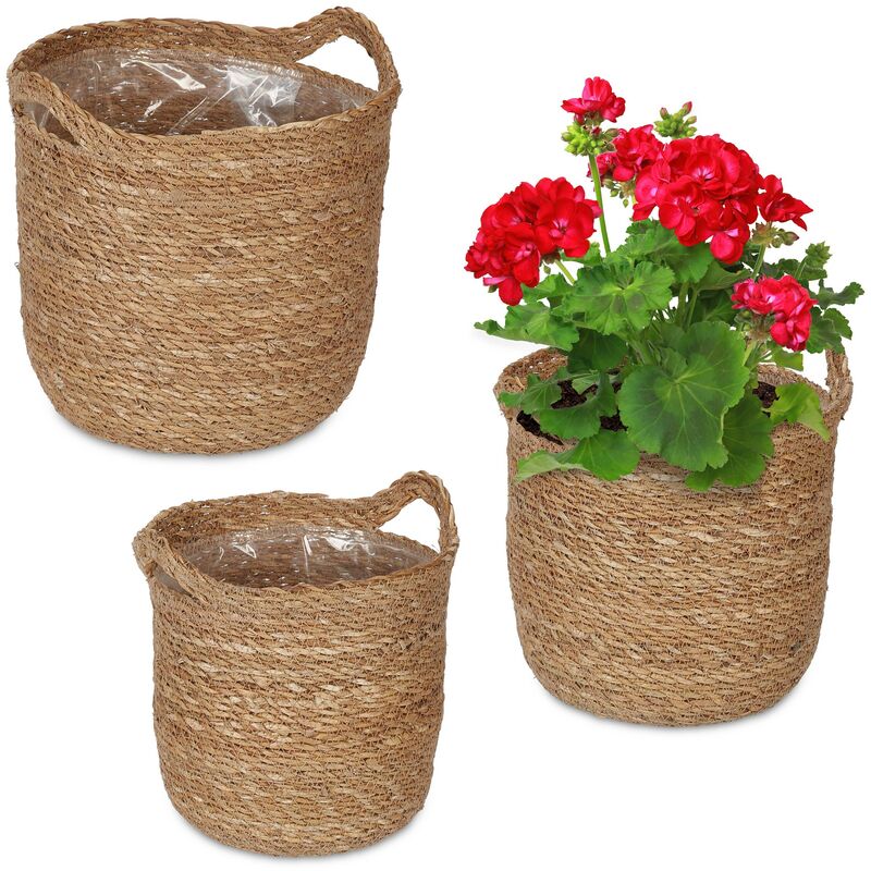 Relaxdays - Pot de fleur, lot de 3, avec poignées, pot de plante, pour plantes, fleurs & herbes, zostère, nature