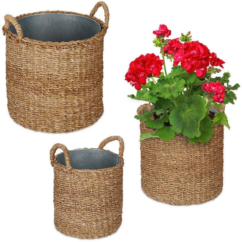 Relaxdays - Pot de fleur rond, lot de 3, en zostère, panier pour herbes, plantes et fleurs, jardin, balcon, nature