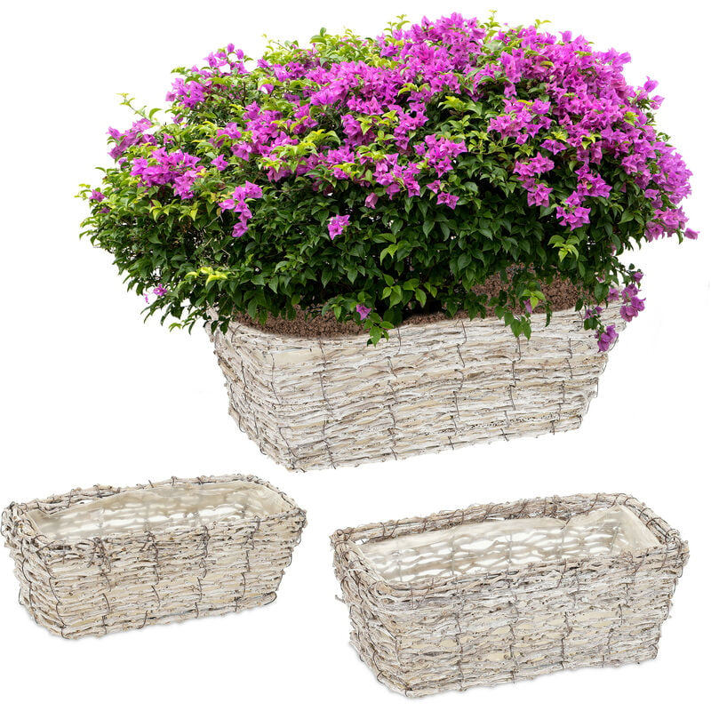 Relaxdays - Pot de fleurs, 3 tailles différentes, en rotin, avec plastique, cache-pots pour intérieur, blanc-nature