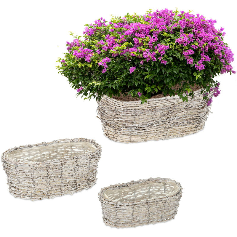 Relaxdays - Pot de fleurs, 3 tailles différentes, en rotin, avec plastique, cache-pots pour intérieur, blanc-nature