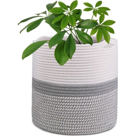 Pot De Fleurs 30 Cm Avec Doublure - Panier En Coton Tissé - Rangement Et Décoration Intérieure - Blanc Gris