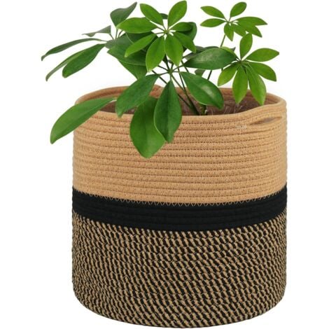Pot de Fleurs 30 cm pour Plantes d'Intérieur avec Doublure, Panier de Rangement en Coton Tissé Grand Pots pour Plantes d'Intérieur et Décoration de la Maison (Noir Marron)