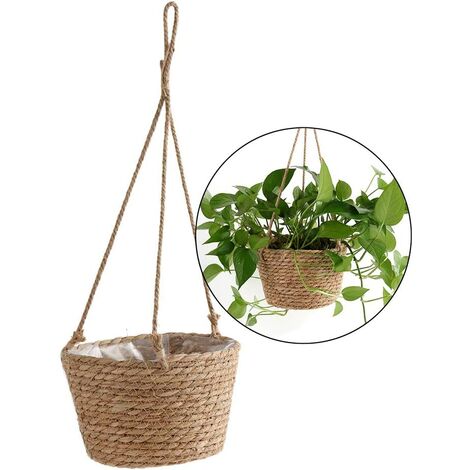 Pot de fleurs à suspendre en corde de jute - Panier pliable en jonc de mer, macramé - pour plantes succulentes, décoration intérieure ou extérieure