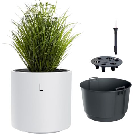 Pot de fleurs avec insert et syst¨¨me d'irrigation, rond et moderne, r¨sistant au gel et aux UV, en plastique, pour l'int¨rieur et l'ext¨rieur, blanc, taille L
