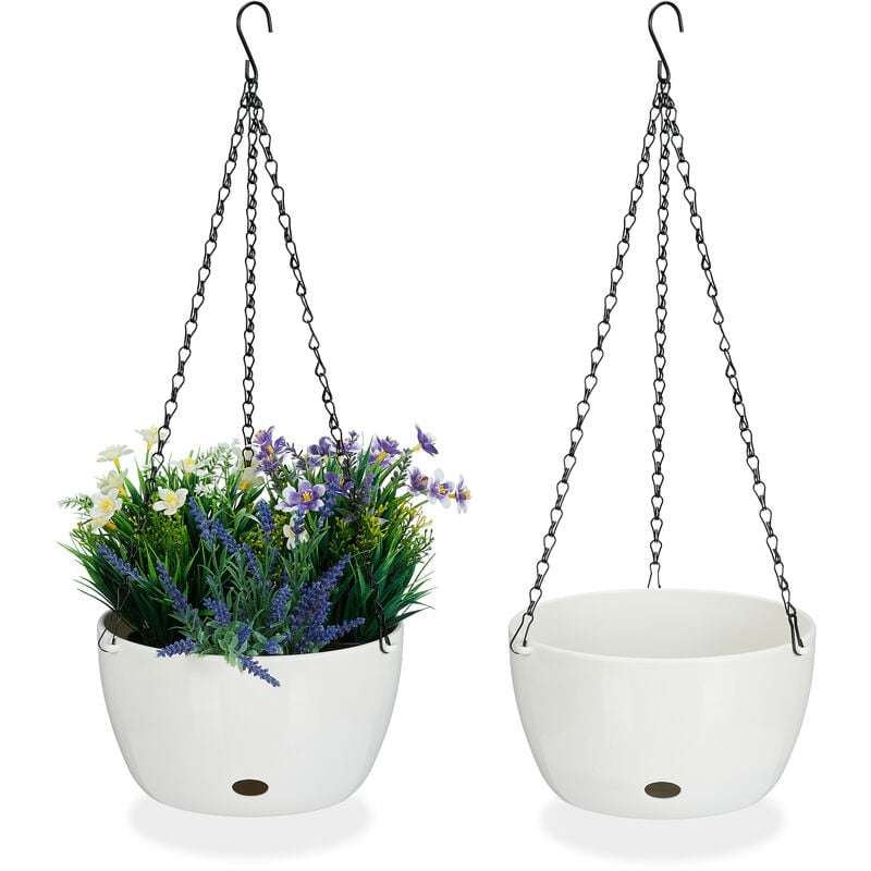Relaxdays pot de fleurs avec réservoir d'eau, lot de 2, HxD : 60 x 24 cm, pour intérieur et extérieur, plastique, blanc