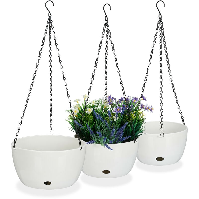 Pot de fleurs suspendu, lot de 3, diff. tailles, arrosage automatique, porte-plantes, trou de drainage, blanc - Relaxdays