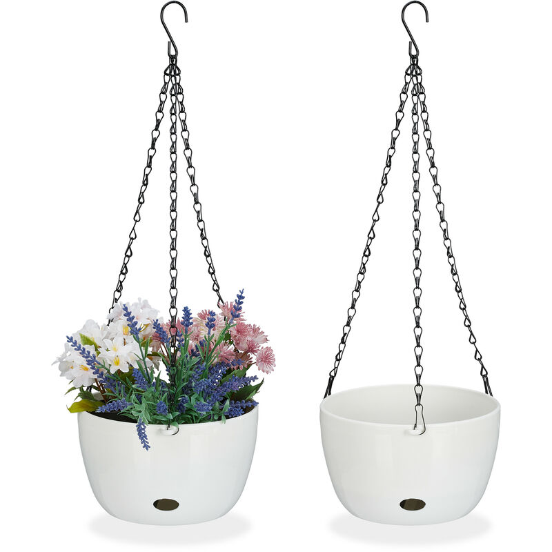 Pot de fleurs avec réservoir d'eau, lot de 2, HxD : 56x20,5 cm, suspension plantes, trou, plastique, blanc - Relaxdays