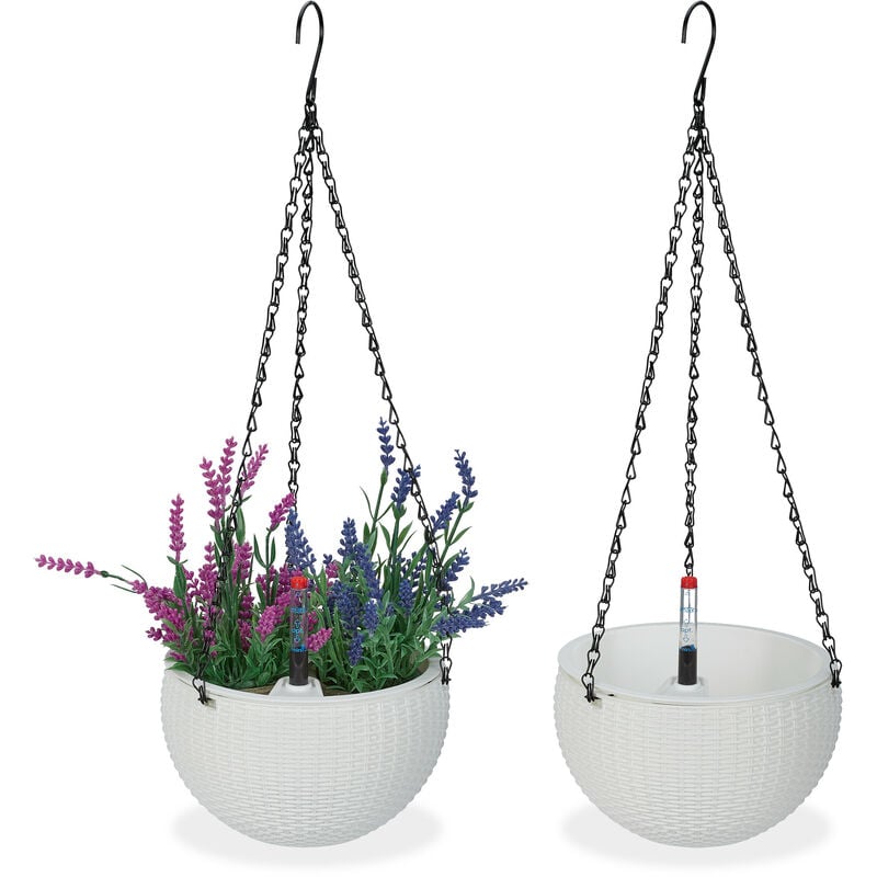 Relaxdays - Pot de fleurs suspendu, lot de 2, trou de drainage, indicateur niveau d'eau, aspect tressé, 54x18,5 cm, blanc