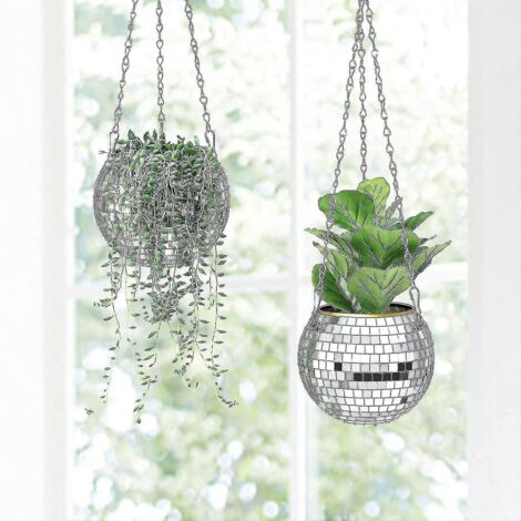 Pot de fleurs boule disco avec crochet et support en bois pour bureau