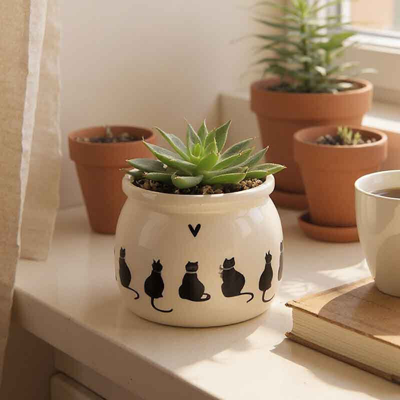 La Grande Prairie - Pot de fleurs chat céramique beige 12x12x10cm