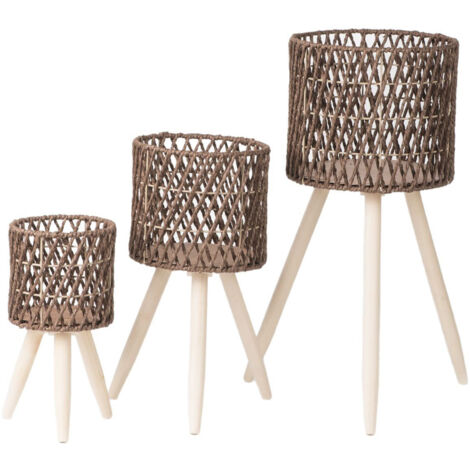 Pot de Fleurs en Bois avec Base Tressée imitation rotin - Lot de 3 pièces XH24-643 - Design nordique créatif pour plantes d'intérieur