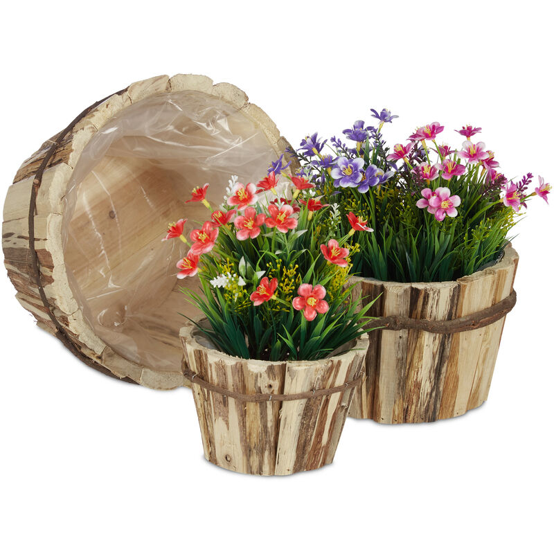 Pot de fleurs en bois, lot de 3, extérieur et intérieur, film plastique, différentes tailles, rond, nature - Relaxdays
