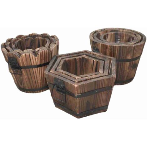 Pot de Fleurs en Bois Massif Barrel Vintage Conteneur Portatif jardin [Pot de Fleurs] + [Barrel Vintage] + [S (12cm), M (15cm), L (18.5cm)] + [Bois Massif, Metal]