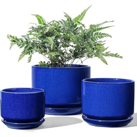 Pot de Fleurs en Céramique, 11+13+17 cm, Lot de 3, Pot avec Trou de Drainage et Soucoupe, Pot d’Intérieur avec Tapis en Maille, Cadeau pour Maman/Mère, Bleu Saphir