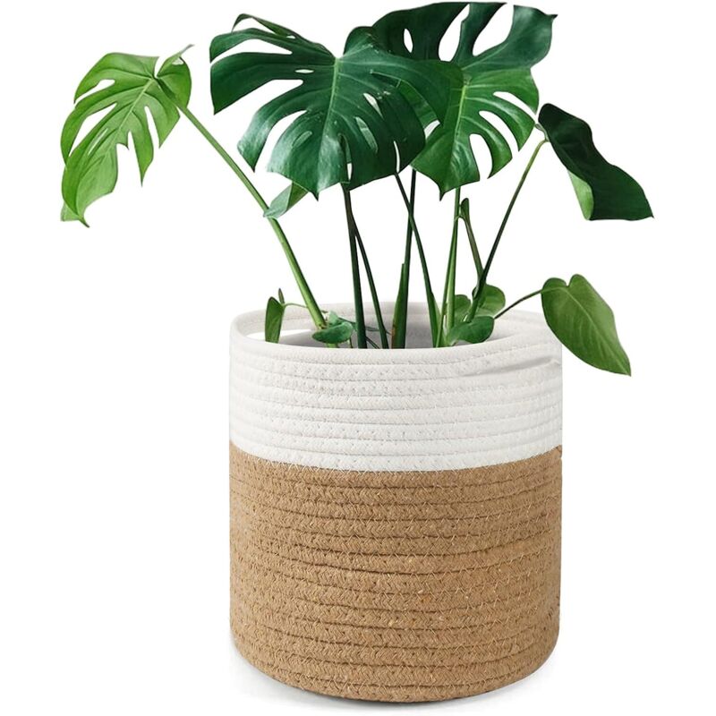 Pot de fleurs en coton tissé style panier avec doublure pour plantes d'intérieur et décoration de la maison - 20 x 20 cm