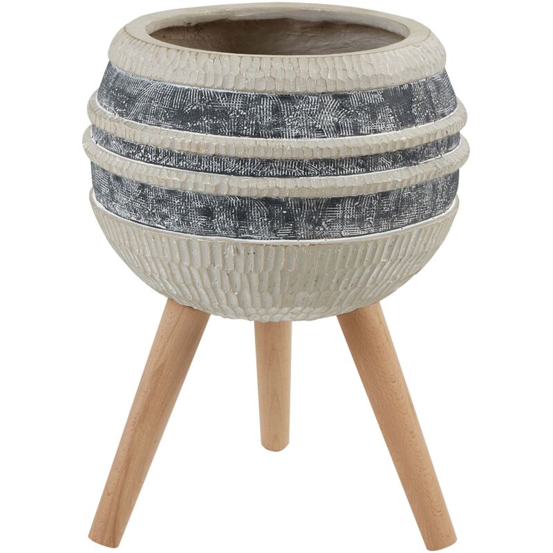 Pot de Fleurs Industriel Magnésium Jardinière Support en Bois à Rayures Beige et Gris Athyrium