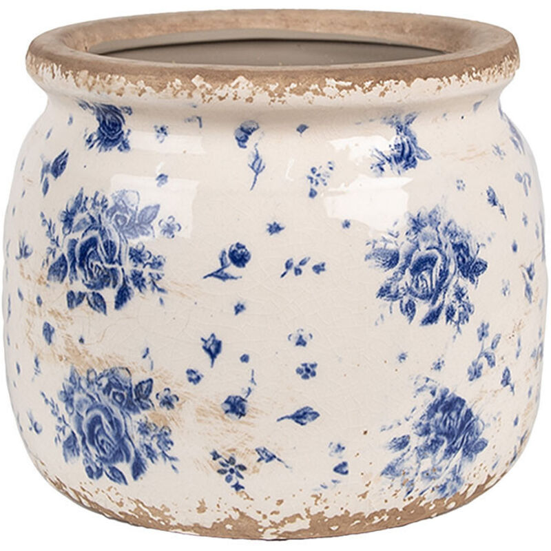 Pot de fleurs intérieur céramique beige bleu 13x13x16cm Pot de fleurs intérieur céramique beige bleu 13x13x16cm