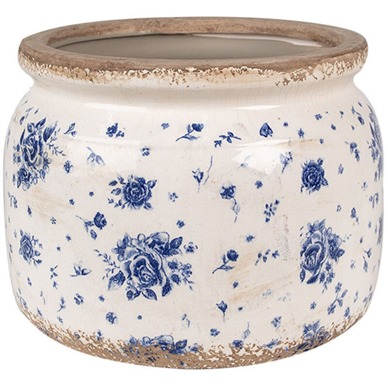 Pot de fleurs intérieur céramique beige bleu 15x15x20cm