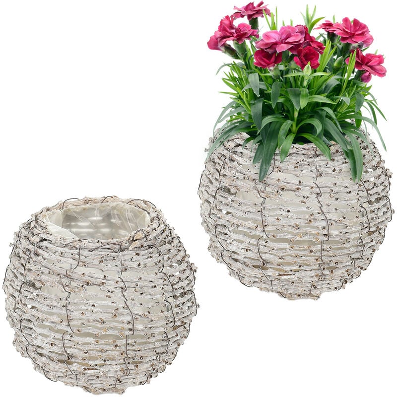 Relaxdays - Pot de fleurs, lot 2, rotin, bac avec film, h x d: 17 x 20 cm, rond, pour intérieur, blanc-nature